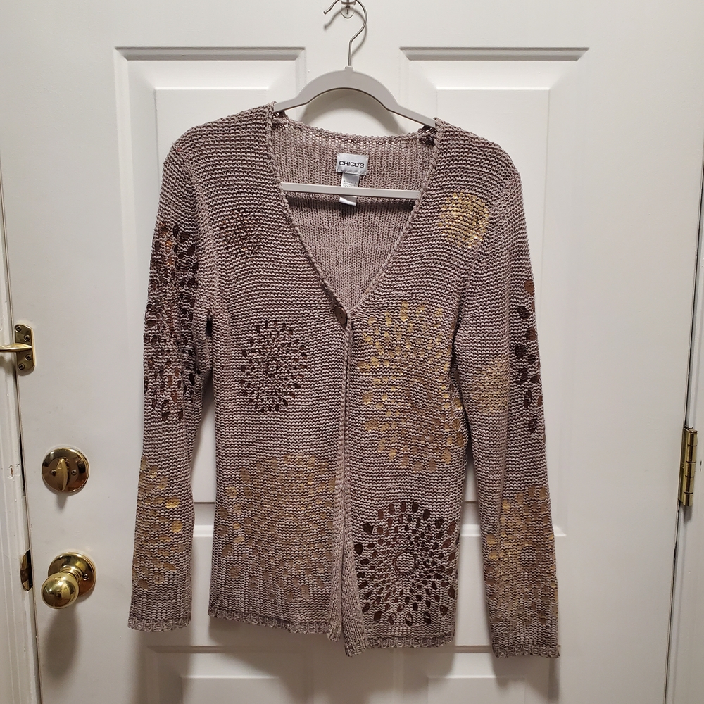 Chico's Cream and‎ Brown Cardigan Sweater with V-Neck